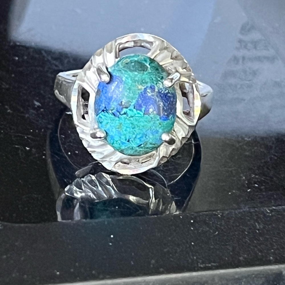 Vintage Sterling Silver 11mm Azurite Malachite Diamond Cut Ring - Sz 7 - Signed